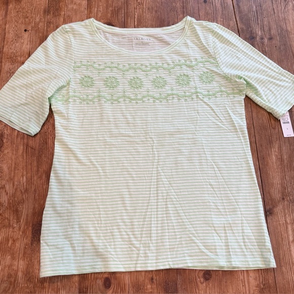 Talbots Cotton Cap Short Sleeve Green Striped Embroidered Slub Tee Shirt Small - Picture 5 of 11